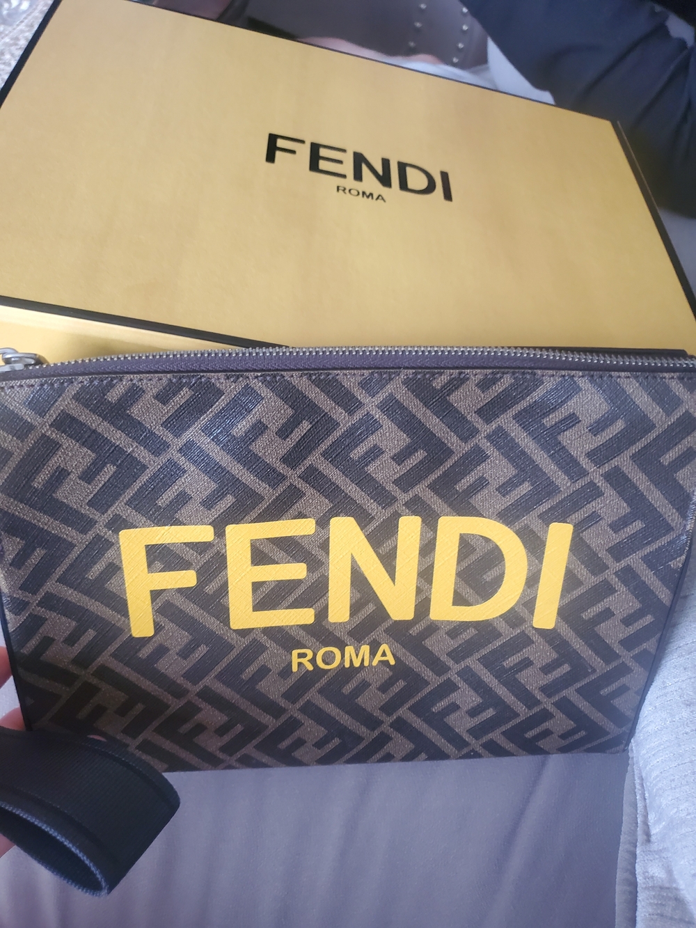 Fendi AUTHENTIC Brown FF Logo Canvas Pouch with Yellow Leather with BOX